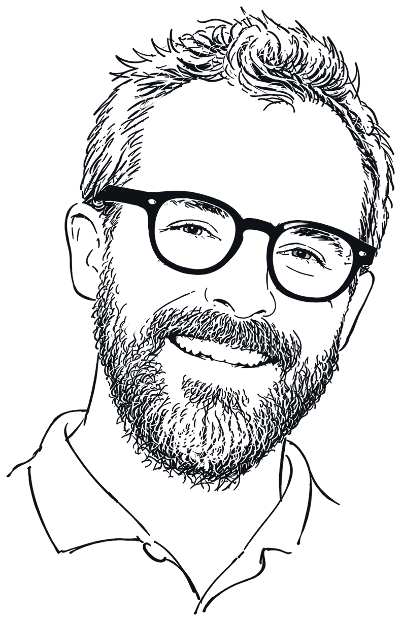 A whimsical ink line drawing of Colin Hanner — tortoiseshell glasses, a full beard, and a big smile