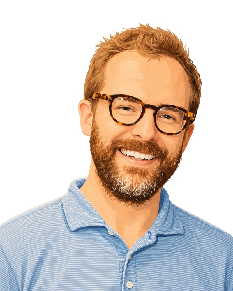 An illustrated portrait of Colin Hanner — tortoiseshell glasses, a full beard, and a big smile