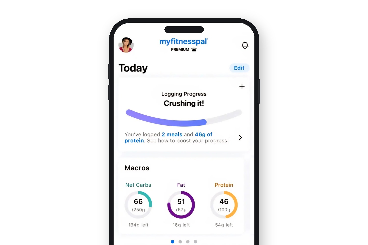 A phone showing the MyFitnessPal dashboard: logging progress and the Macros tracker with rings for net carbs, fat and protein