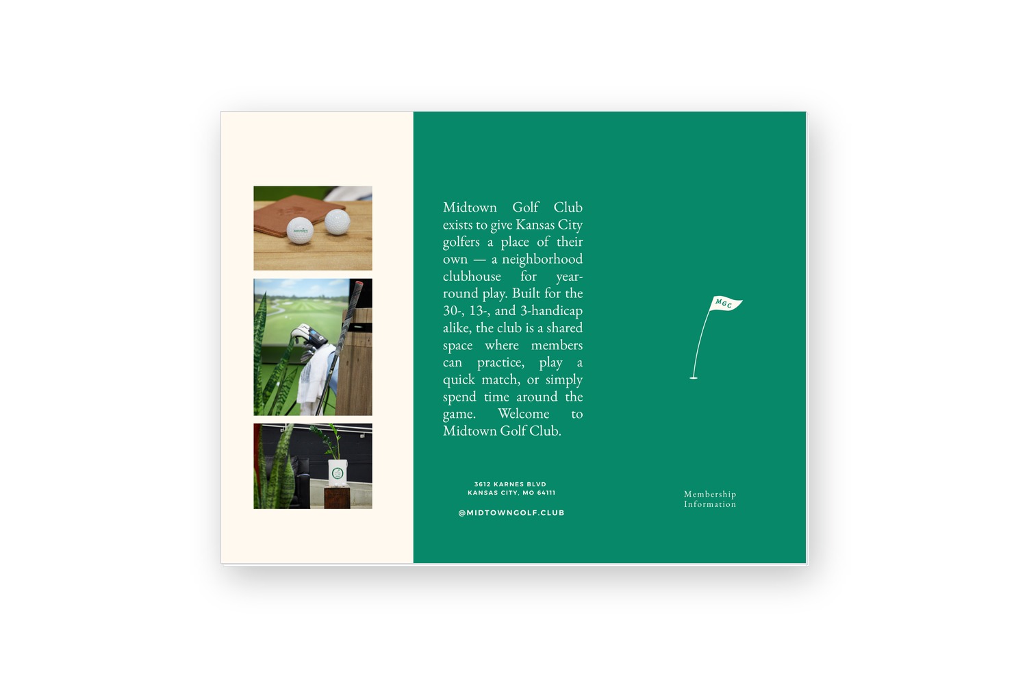 A printed Midtown Golf Club membership brochure on a white surface: photos of the club beside a green panel with the club’s story and a pennant flag