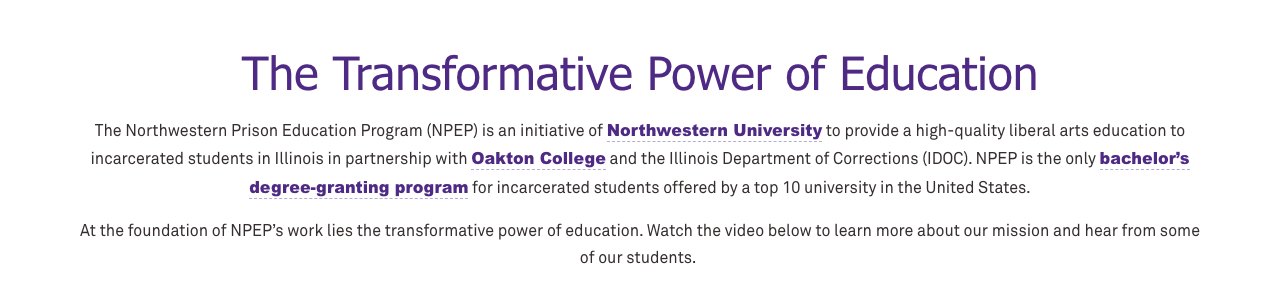 The NPEP homepage lead in November 2023: a heading reading “The Transformative Power of Education” above a paragraph explaining that NPEP is a Northwestern initiative providing liberal arts education to incarcerated students in Illinois