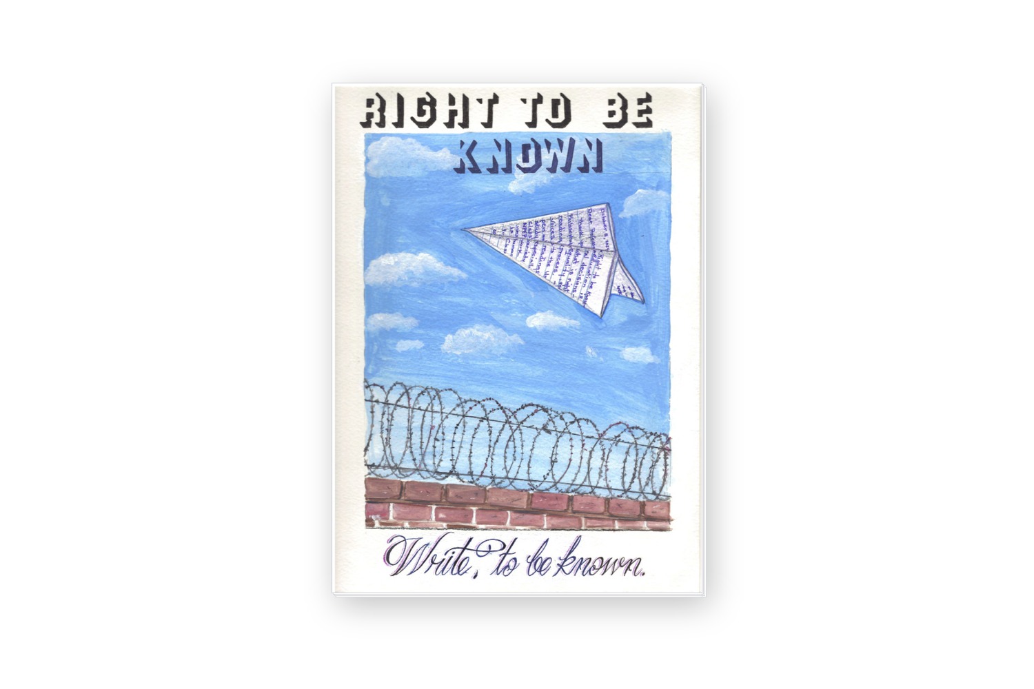 A printed copy of the NPEP magazine on a white surface: a hand-painted paper airplane made from a letter, flying over barbed wire, titled “Right to be known”