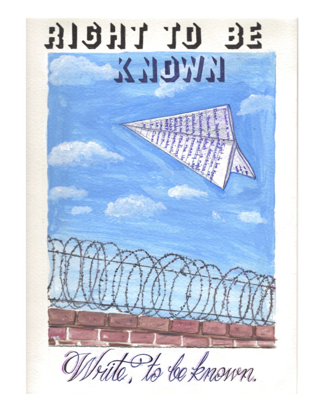 The cover of the NPEP magazine: a hand-painted paper airplane made from a letter, flying over barbed wire, titled “Right to be known”